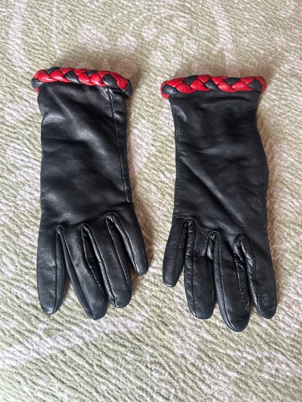 Black Leather Women's Gloves with Red Braided Trim